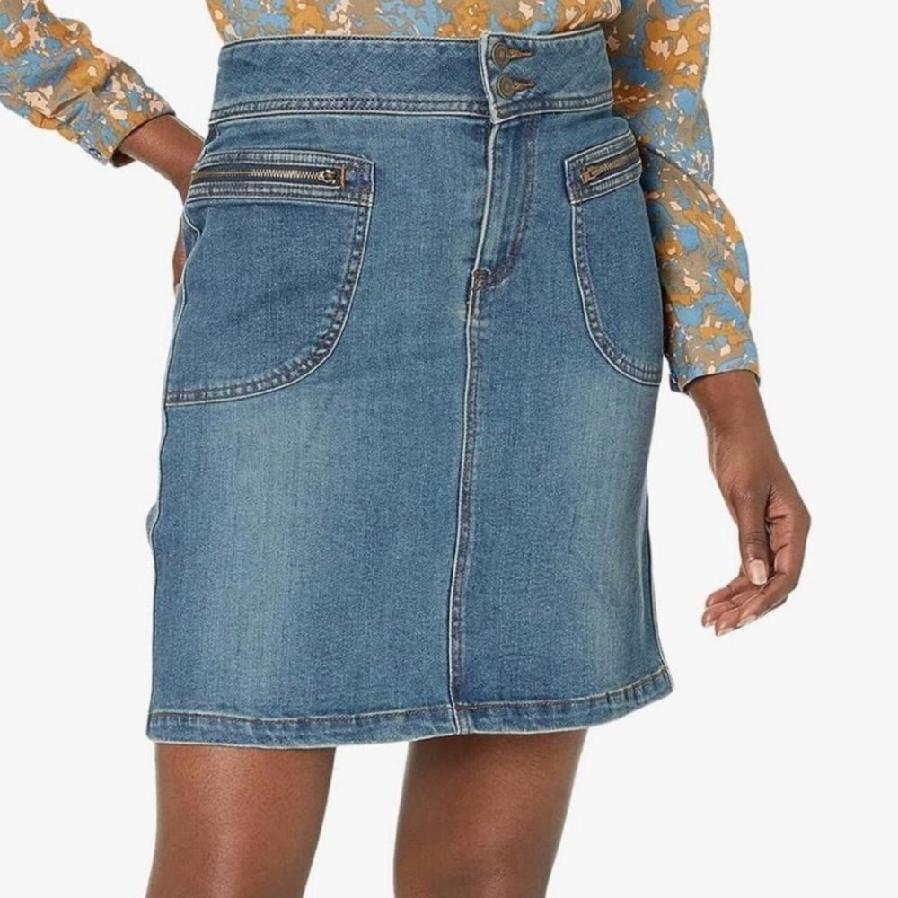 Prana Blue Denim Mini Skirt with Front Zip Pockets